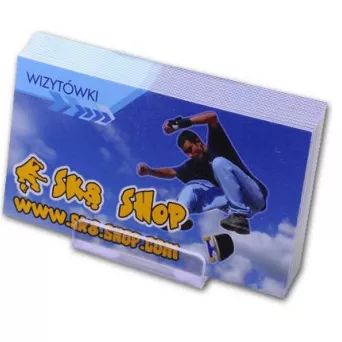 Wizytówki 90 mm x 50 mm, sztywny karton 300g, jednostronna folia błysk, jednostronnie kolorowe